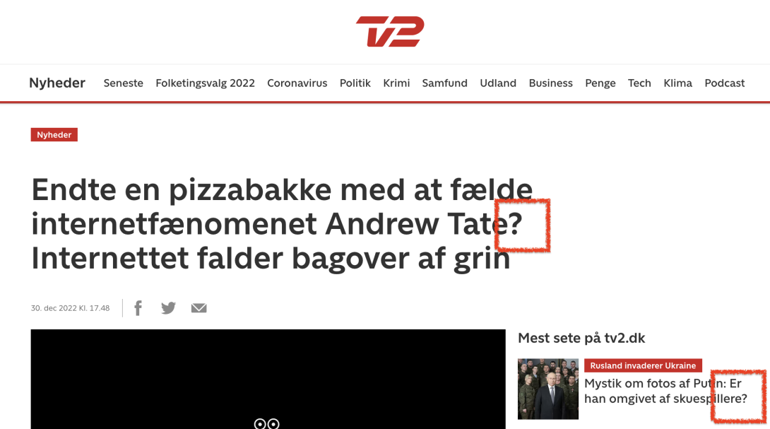 Screenshot fra TV2 til dokumentation