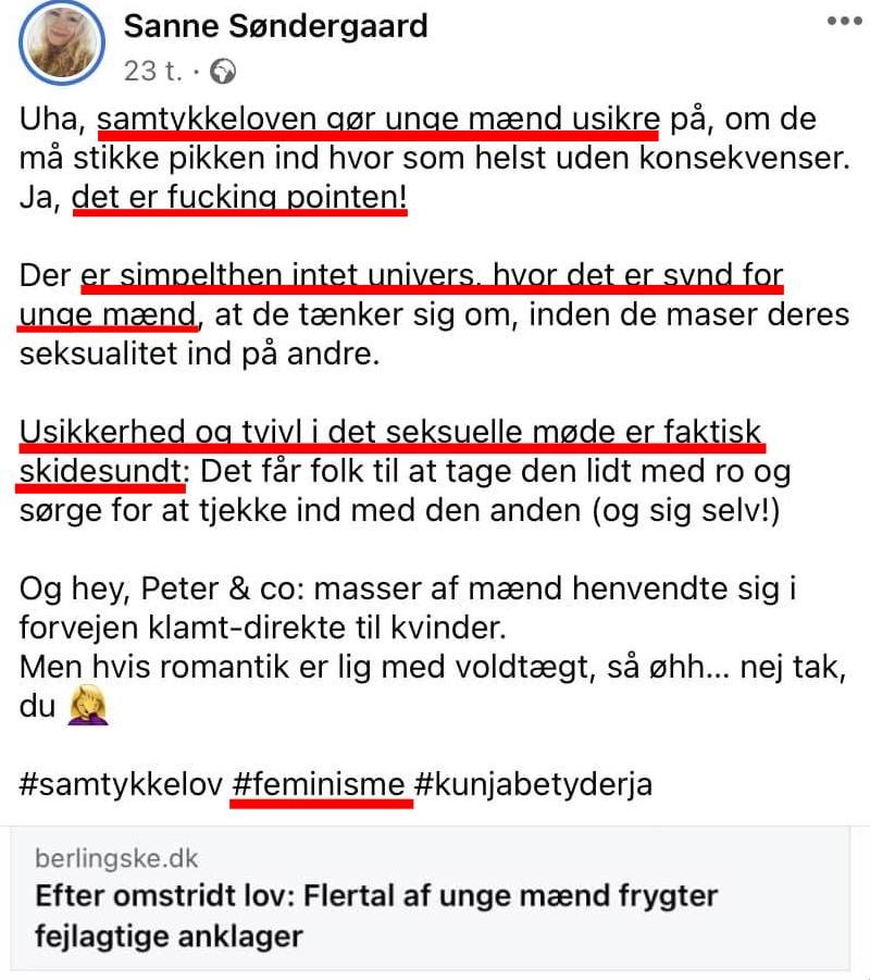 Sanne Søndergaard reagerer på en nyhed om at de fleste unge mænd bekymrer sig om at blive anklaget for voldtægt