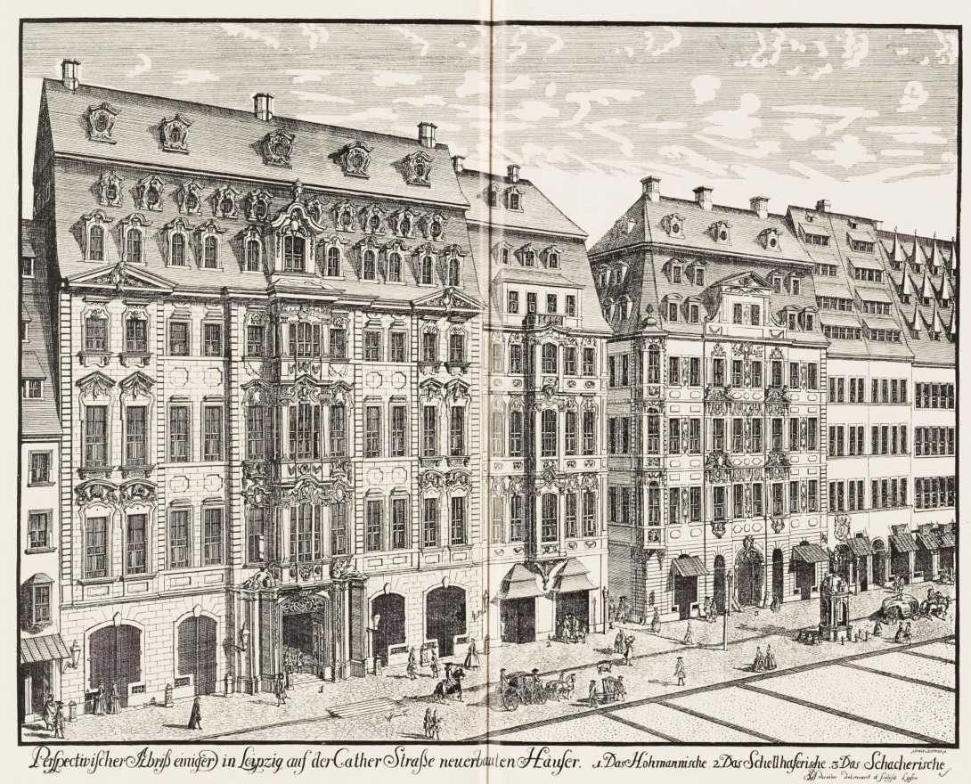 Historisk stik af Katharinenstraße i Leipzig med bygningen, hvor Café Zimmermann lå.